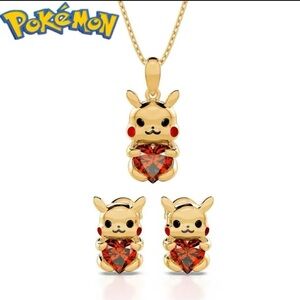 18K Gold Plated Pokemon Pikachu Holding A Heart Necklace and Earrings Set